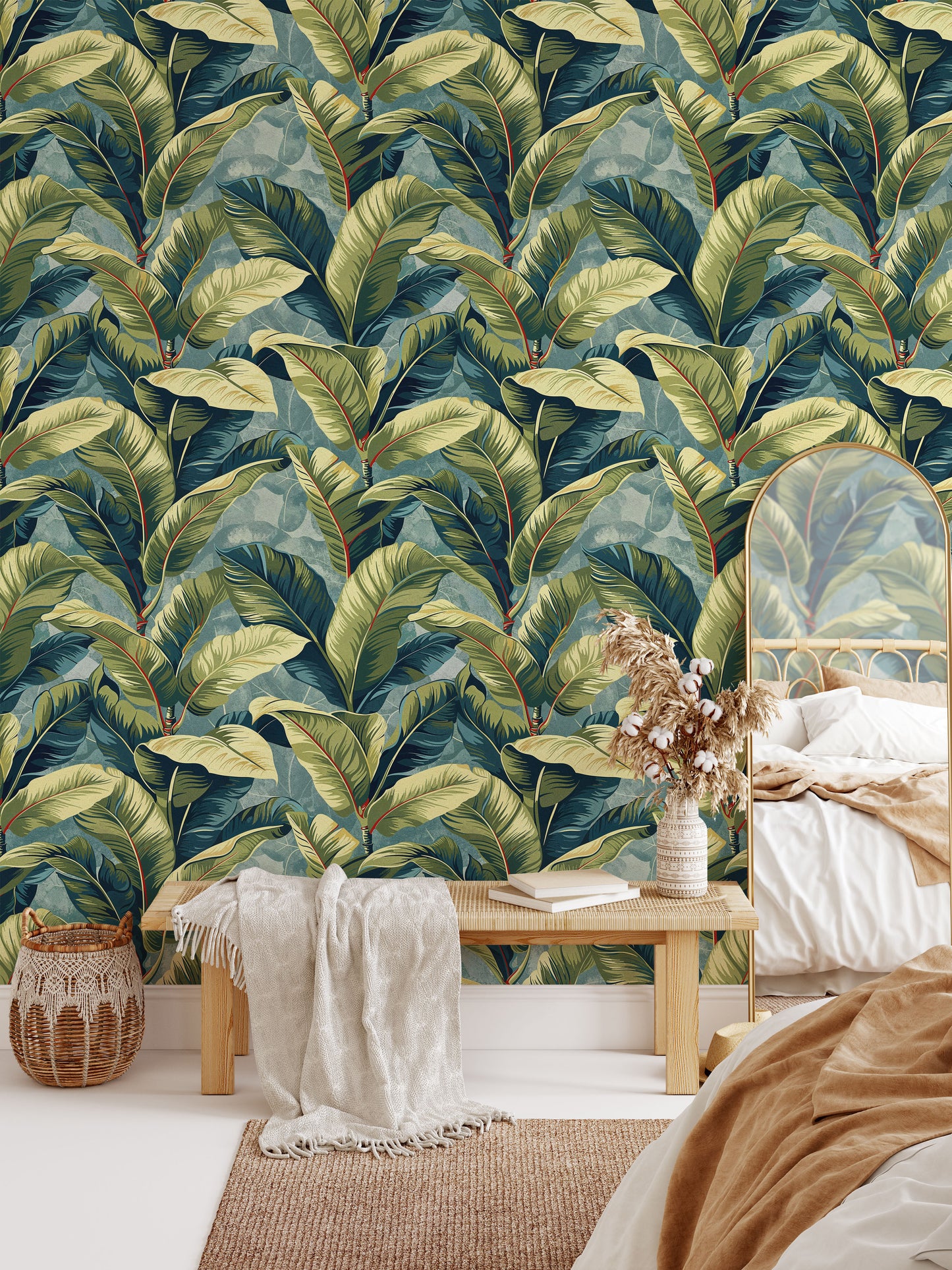 Banana Leaves Peel-and-Stick Wall Mural, Rainforest Leaf Wallpaper, Banana Leaf Wallpaper, Palm Leaf Removable Mural Wallpaper, Garden Wallpaper