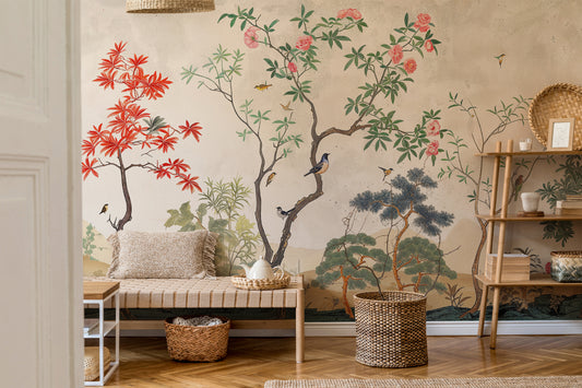 Tree and Bird Chinoiserie Wallpaper, Chinese Panoramic Peel & Stick Wallpaper, Blossom Tree Asian Wallpaper, Removable Wallpaper