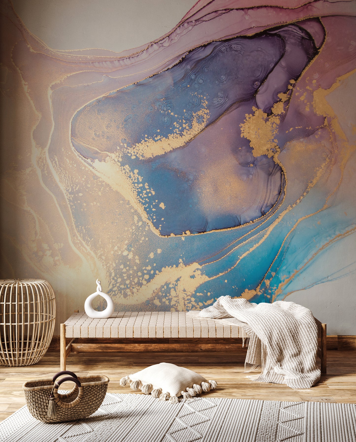 Blue and Pink Marble Wallpaper Mural, Peel and Stick Marble Look Wall Mural, Abstract Mural, Pinky