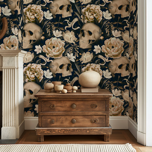 Gothic Wallpaper Mural, Skull Peel and Stick Wallpaper, Peony and Skeleton Wall Mural Self Adhesive