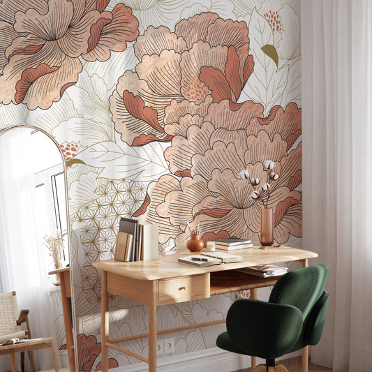 Large Pink Peony Self Adhesive Wall Mural, Oriental Floral Wallpaper Minimalist, Pre-Pasted Peony Wallpaper, Wallcovering