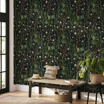 Chinoiserie Botanical Wallpaper, Woodland Wall Mural Pre-Pasted, Botanical Peel and Stick Wallpaper Mural, For Renters, Self Sticking