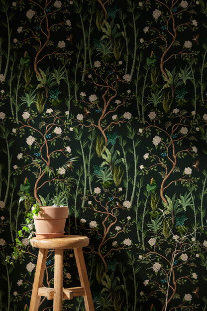 Chinoiserie Botanical Wallpaper, Woodland Wall Mural Pre-Pasted, Botanical Peel and Stick Wallpaper Mural, For Renters, Self Sticking