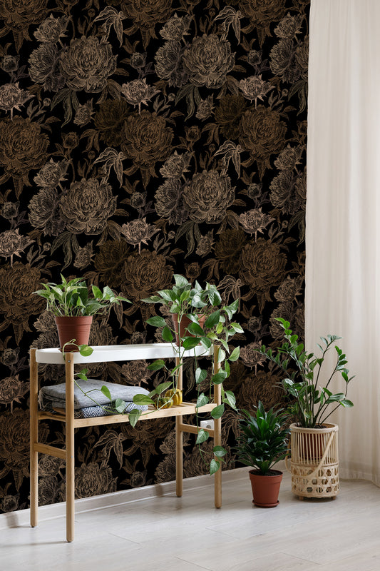 Vintage Floral Wallpaper Dark, Dark Peony Peel and Stick Mural, Traditional Pre-Pasted Peony Wall Mural, Removable Wallpaper