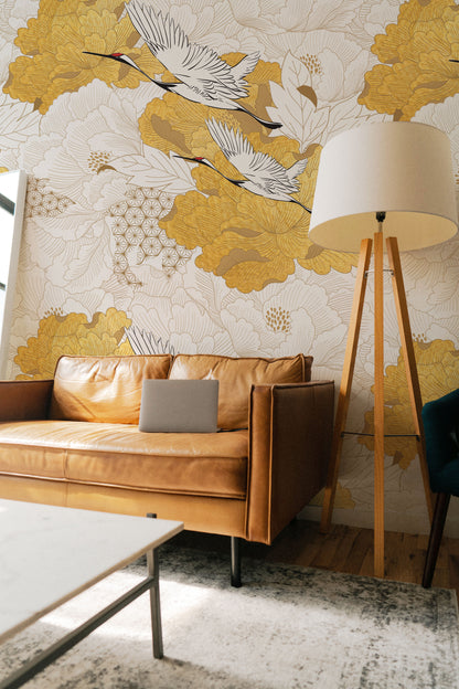 Yellow Crane Birds Wallpaper, Oriental Chinoiserie Wall Mural, Traditional or Peel-and-Stick, Crane Wall Mural Wallpaper for Bathroom