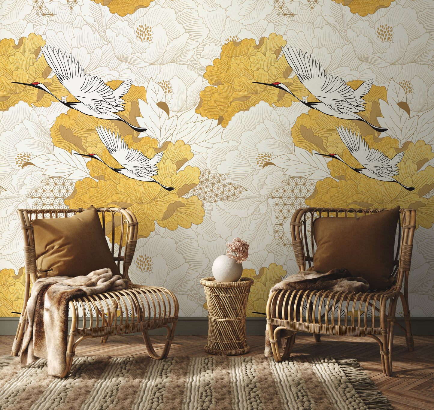 Yellow Crane Birds Wallpaper, Oriental Chinoiserie Wall Mural, Traditional or Peel-and-Stick, Crane Wall Mural Wallpaper for Bathroom