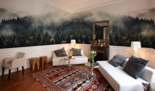 Foggy Forest Wallpaper, Forest Landscape Wall Mural Wallpaper, Self Stick Mural, Panoramic Wallpaper Traditional Pre-Pasted