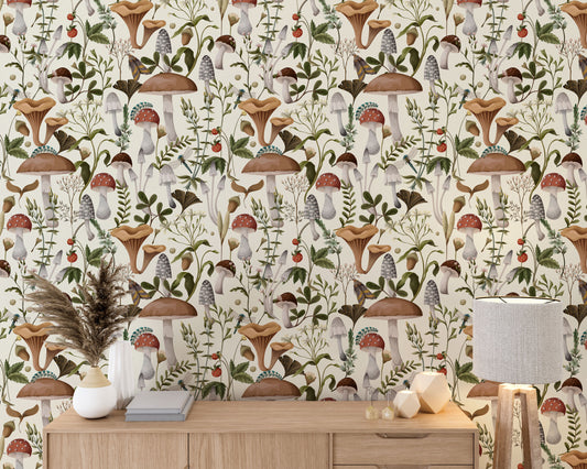 White Mushroom Wallpaper, Light Botanical Wallpaper, Funky Wall Mural, Peel-And-Stick Wallpaper Mushrooms