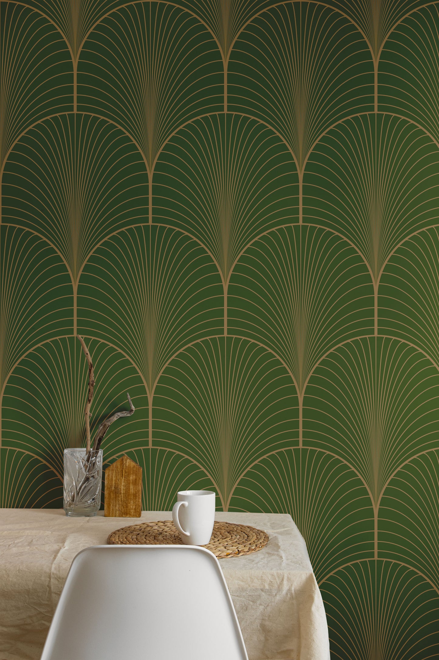 Olive Green Art Deco Wallpaper, Arches Wall Mural, Self Stick Green Art Deco Mural Wallpaper, Pre-Pasted or Self-Adhesive