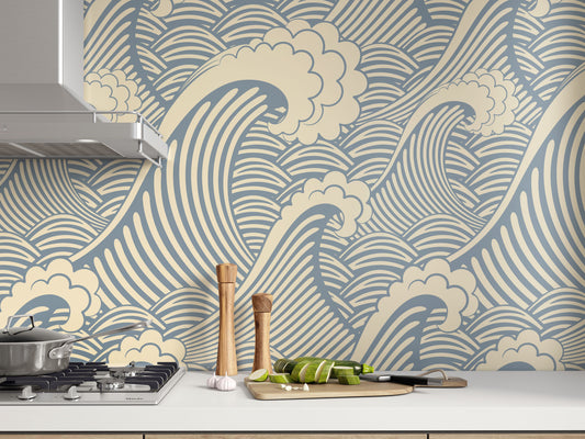 Blue Waves Wall Mural, Japanese Wave Peel and Stick Wallpaper, Oriental Wallcovering Removable