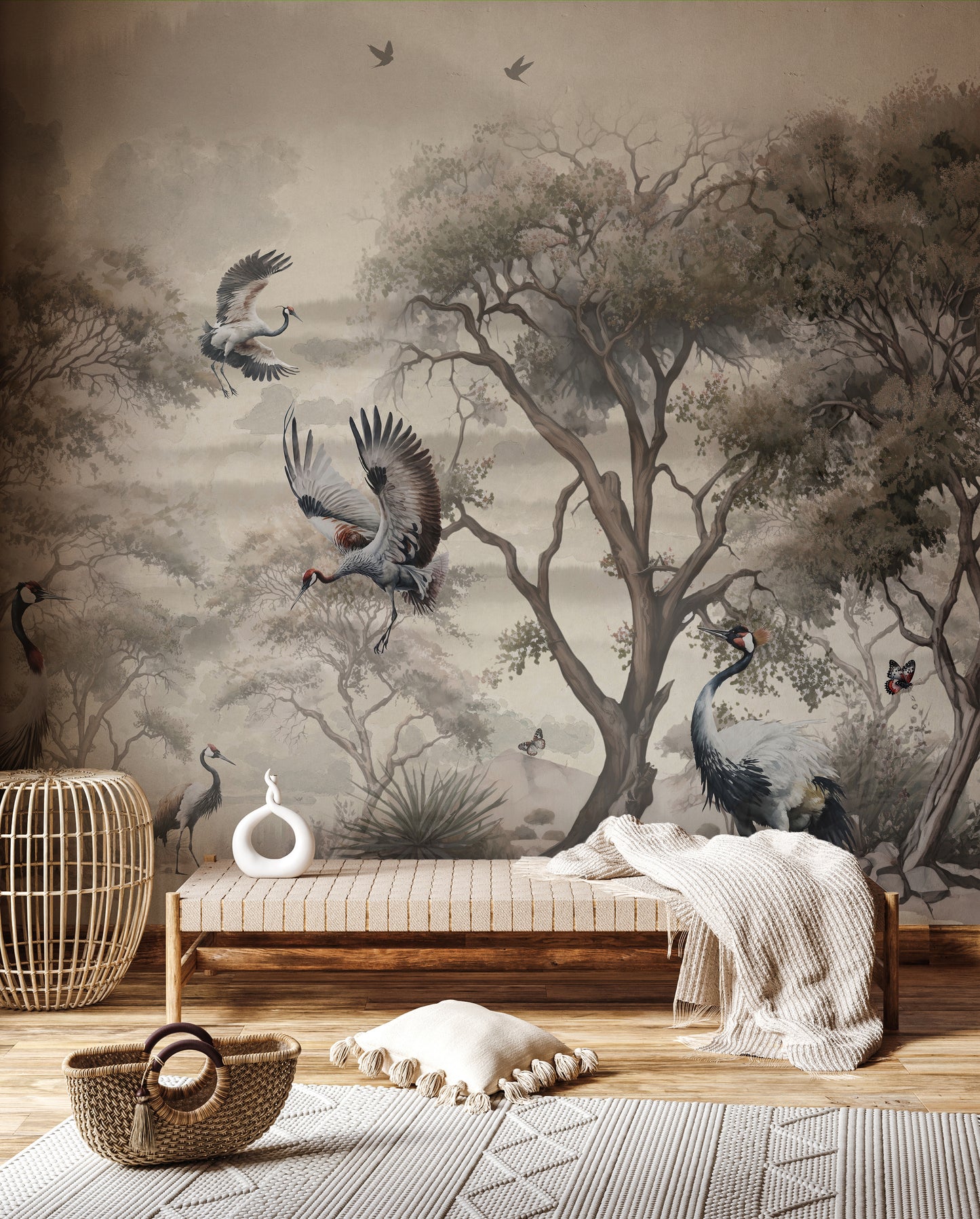 Panoramic Chinoiserie Wallpaper, Vintage Crane Birds Wall Mural Non-Woven, Peel&Stick Canvas Chinese Wallpaper, Birds and Tree Mural Wallpaper