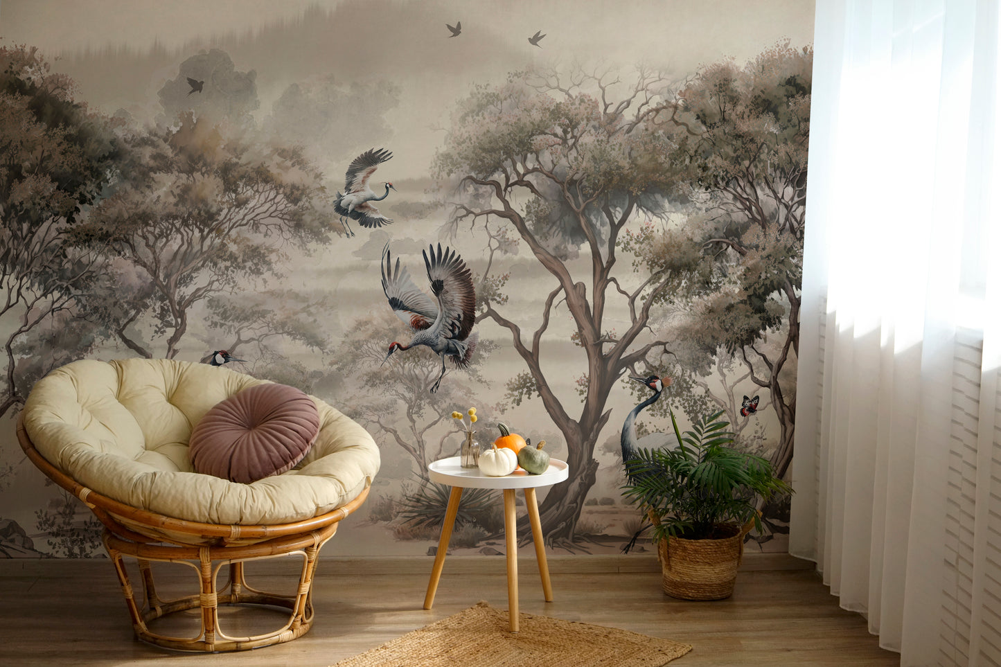 Panoramic Chinoiserie Wallpaper, Vintage Crane Birds Wall Mural Non-Woven, Peel&Stick Canvas Chinese Wallpaper, Birds and Tree Mural Wallpaper