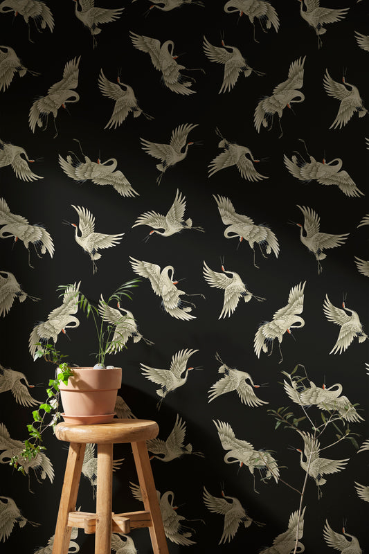 Japanese Crane Wallpaper, Dark Crane Bird Wall Mural, Chinoiserie Peel-Stick Wallpaper or Traditional Wallpaper, Asian Bird Mural Wallpaper, Removable