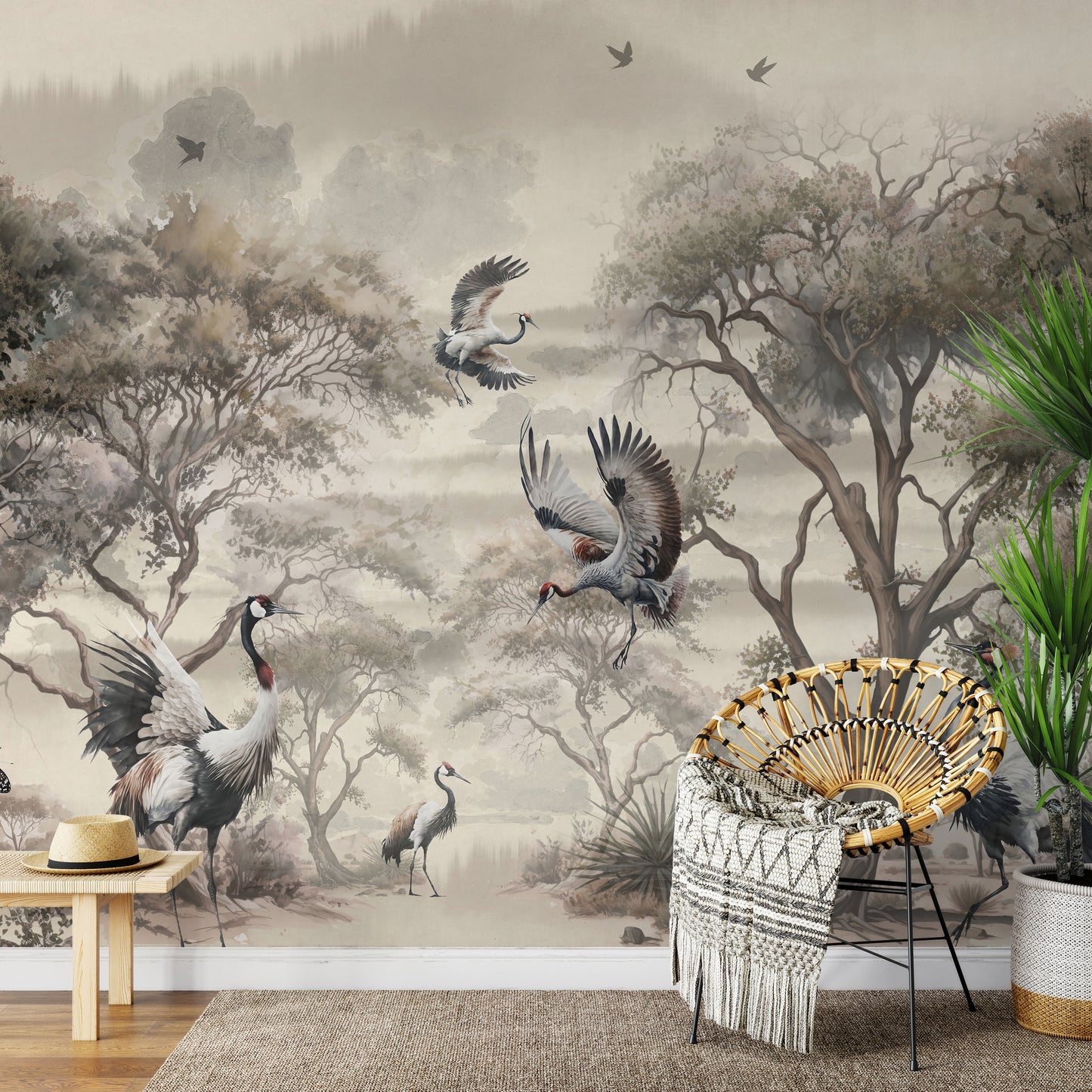 Panoramic Chinoiserie Wallpaper, Vintage Crane Birds Wall Mural Non-Woven, Peel&Stick Canvas Chinese Wallpaper, Birds and Tree Mural Wallpaper