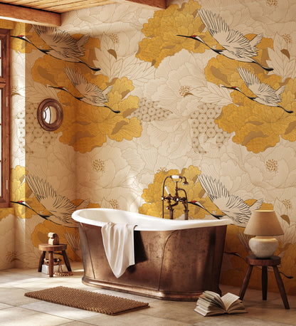 Yellow Crane Birds Wallpaper, Oriental Chinoiserie Wall Mural, Traditional or Peel-and-Stick, Crane Wall Mural Wallpaper for Bathroom