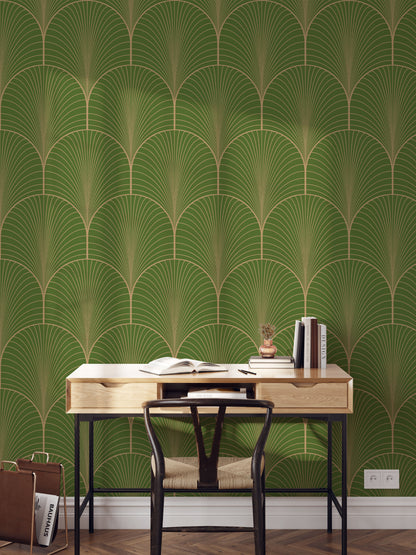 Olive Green Art Deco Wallpaper, Arches Wall Mural, Self Stick Green Art Deco Mural Wallpaper, Pre-Pasted or Self-Adhesive