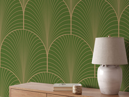 Olive Green Art Deco Wallpaper, Arches Wall Mural, Self Stick Green Art Deco Mural Wallpaper, Pre-Pasted or Self-Adhesive