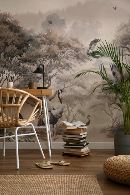 Panoramic Chinoiserie Wallpaper, Vintage Crane Birds Wall Mural Non-Woven, Peel&Stick Canvas Chinese Wallpaper, Birds and Tree Mural Wallpaper