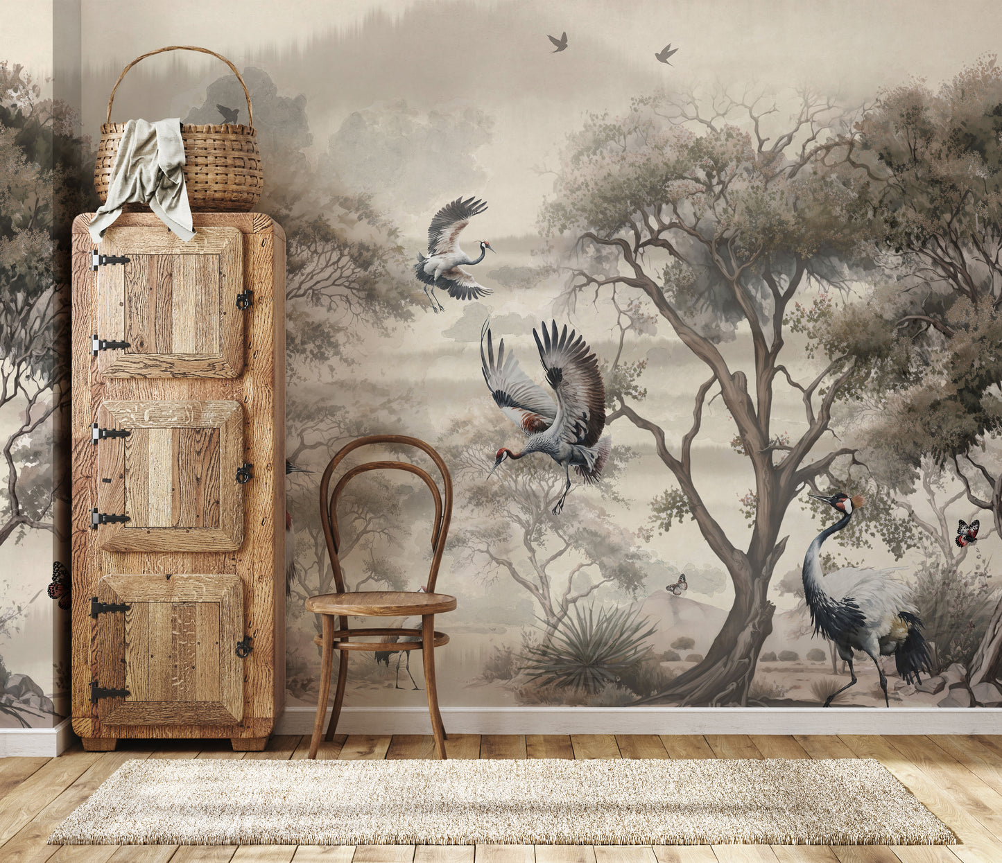 Panoramic Chinoiserie Wallpaper, Vintage Crane Birds Wall Mural Non-Woven, Peel&Stick Canvas Chinese Wallpaper, Birds and Tree Mural Wallpaper