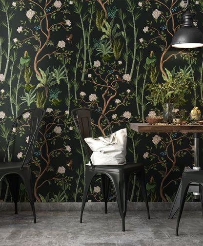 Chinoiserie Botanical Wallpaper, Woodland Wall Mural Pre-Pasted, Botanical Peel and Stick Wallpaper Mural, For Renters, Self Sticking